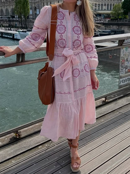 Floral Embroidery Belted Maxi Dress