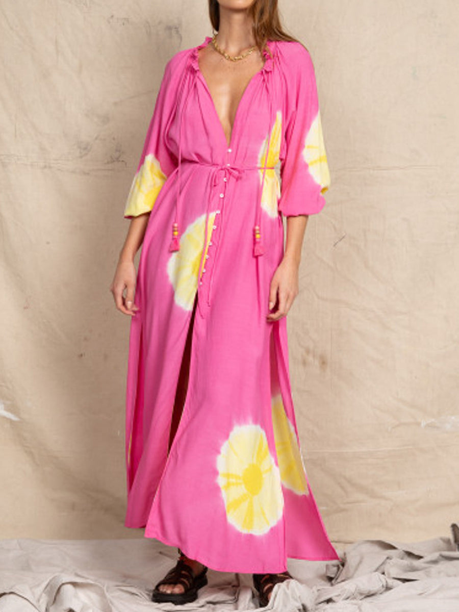 Tie Dye Slit Hem Button Up Maxi Dress