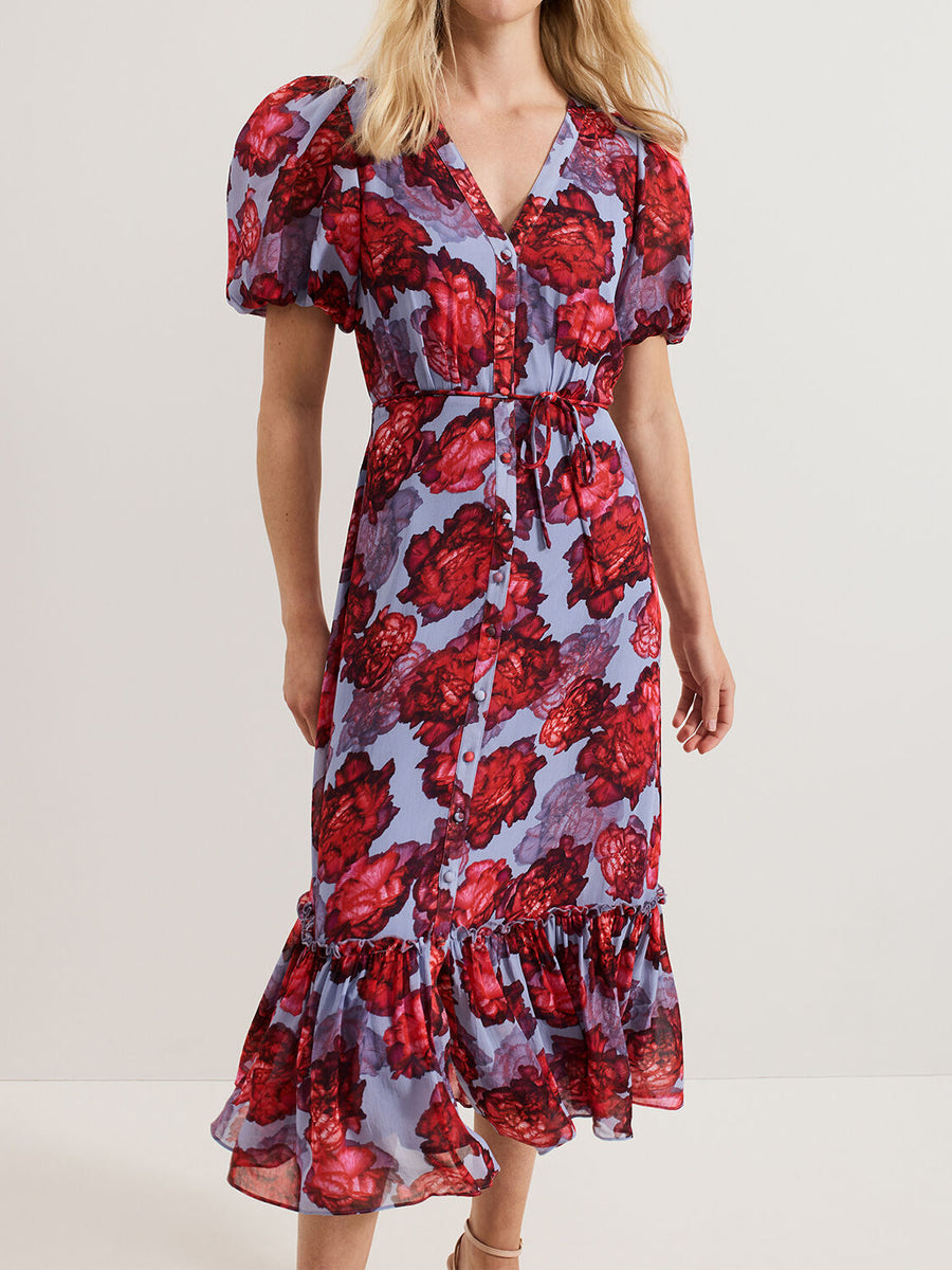 Printed Puff Sleeve Midi Dress