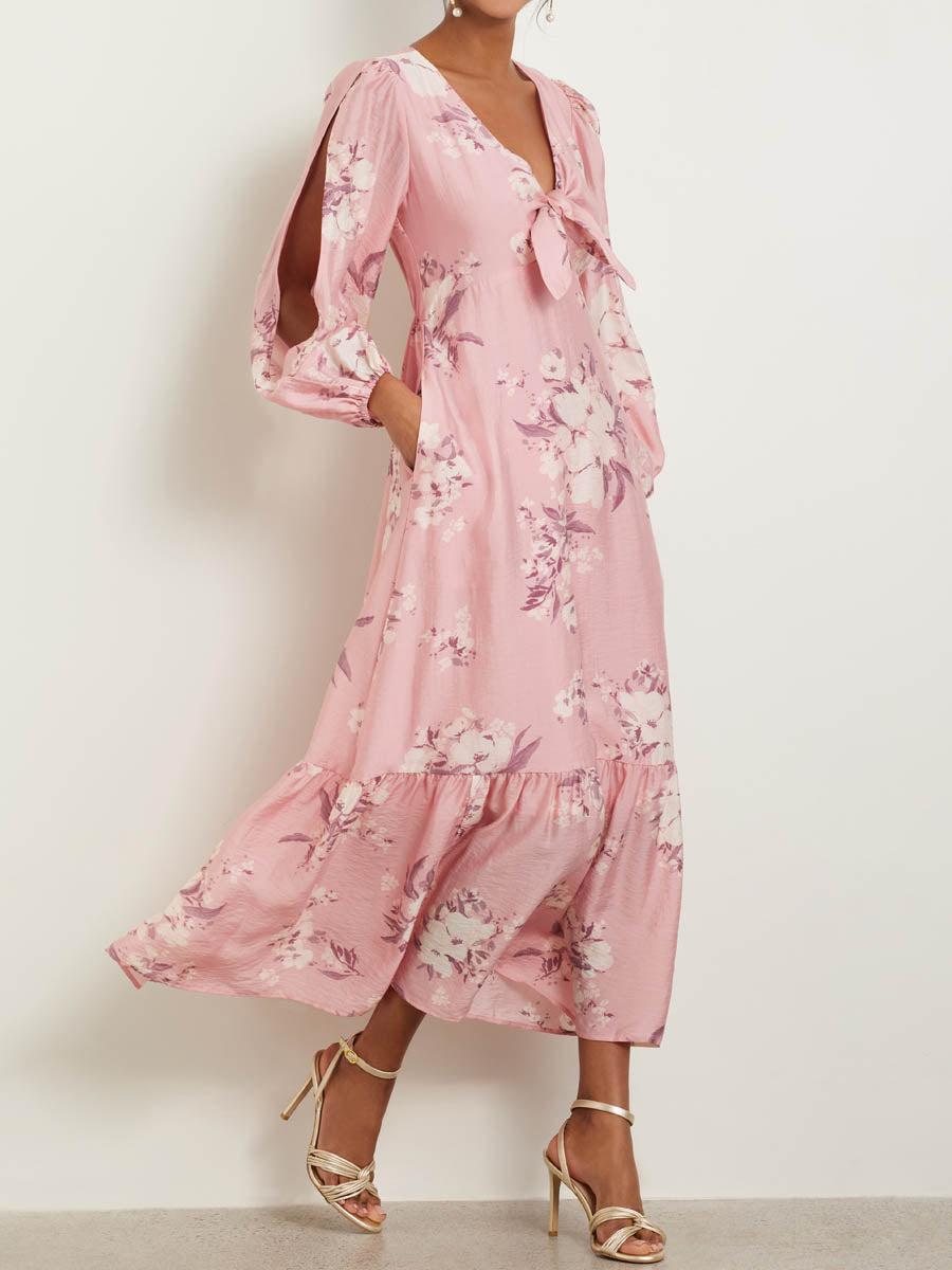 Floral Print Long Sleeve Tie Front Maxi Dress