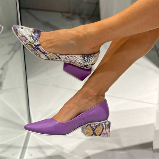 Color Block Pointed Thick Heeled Shoes