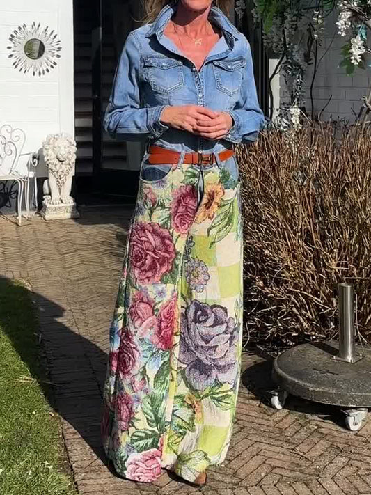 Denim Patchwork Printed High Waist Pants