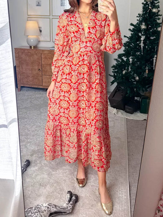 Deep V Neck Long Sleeve Printed Dress