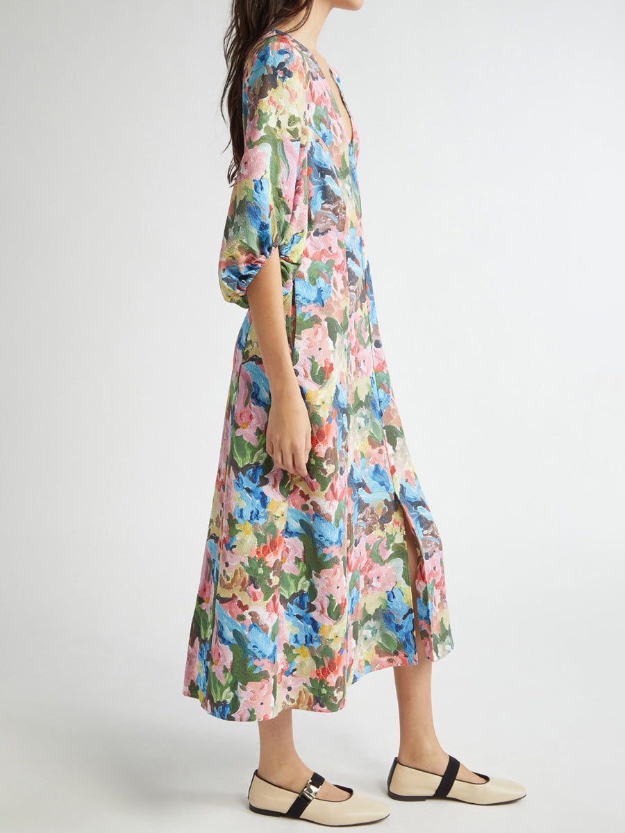 Floral Print V Neck Midi Dress