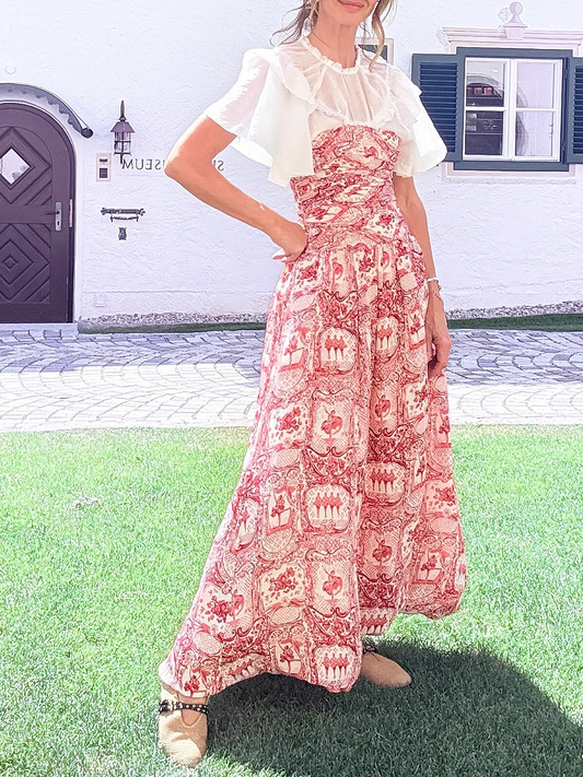 Red Printed Dress With Ruffled Collar