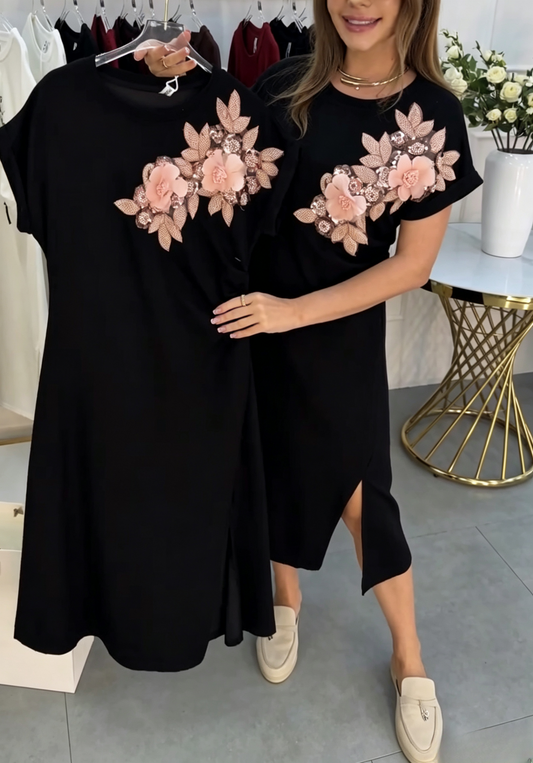 3D Flower Black Elegant Dress