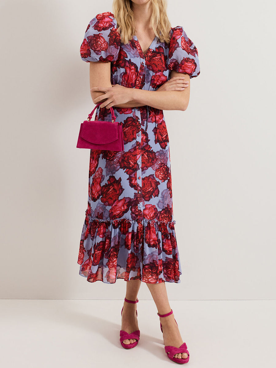 Printed Puff Sleeve Midi Dress