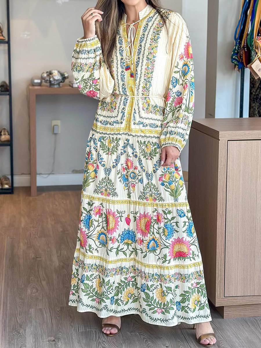 Printed Long Sleeve Tie-waist Maxi Dress