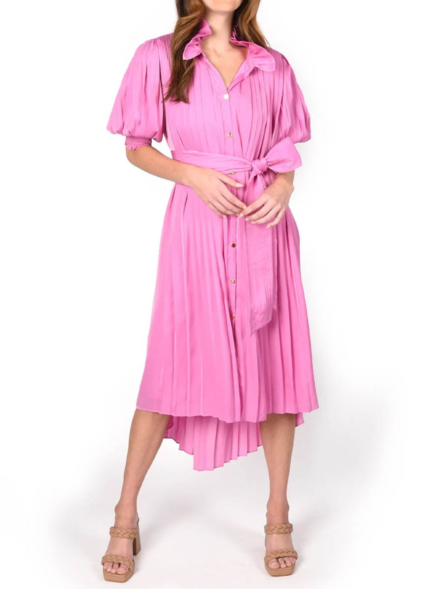 Ruffled Short Sleeve Pleated Belted Dress