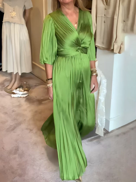 Deep V Neck Pleated Dress