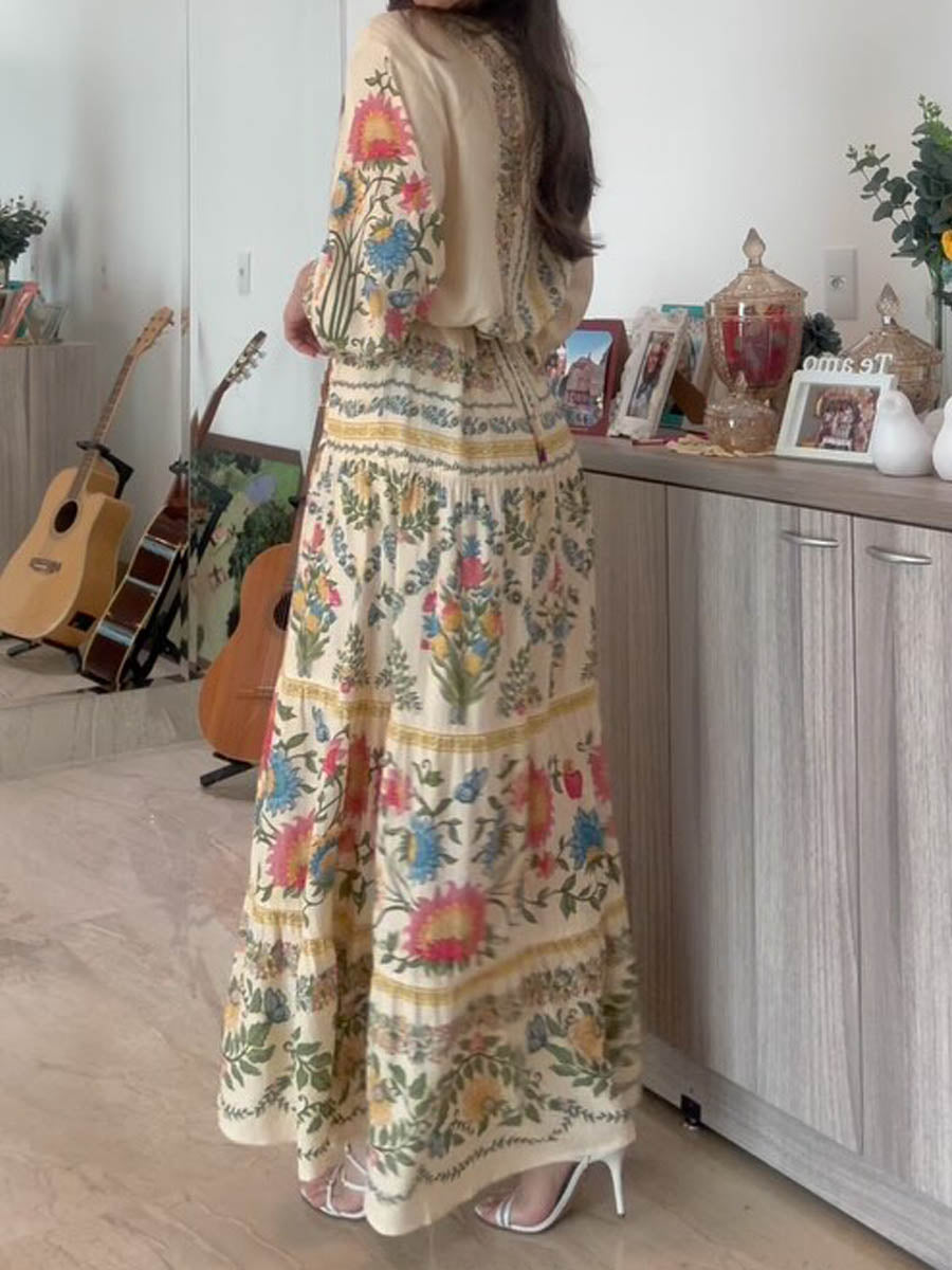 Printed Long Sleeve Tie-waist Maxi Dress