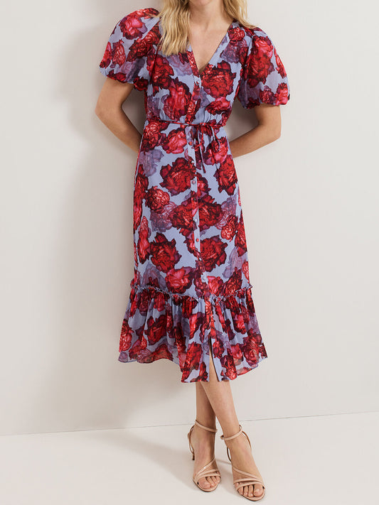 Printed Puff Sleeve Midi Dress