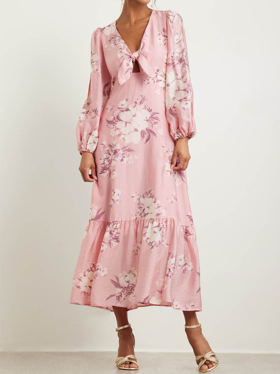 Floral Print Long Sleeve Tie Front Maxi Dress