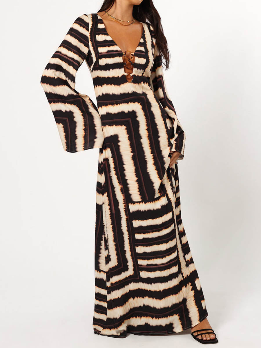 Fashion Striped Print Backless V-Neck Dress