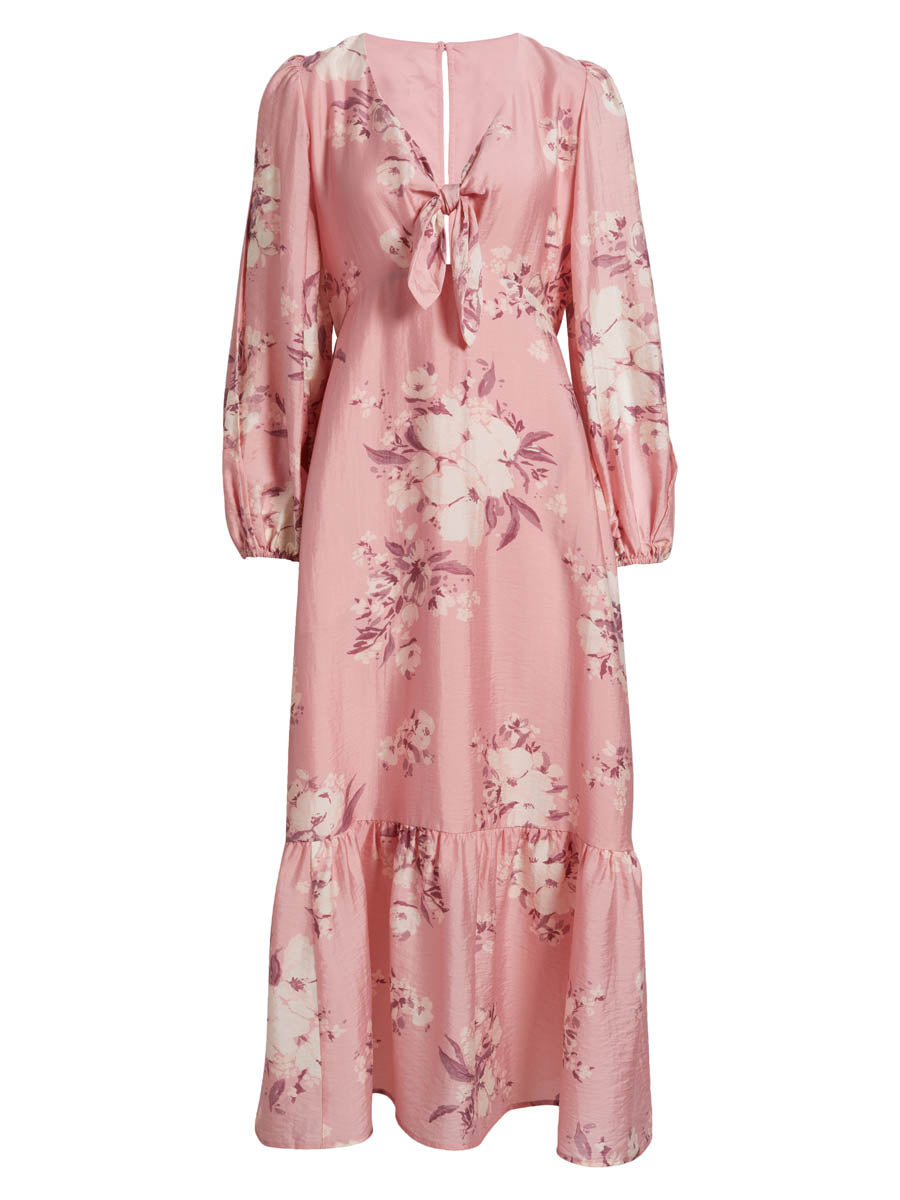 Floral Print Long Sleeve Tie Front Maxi Dress