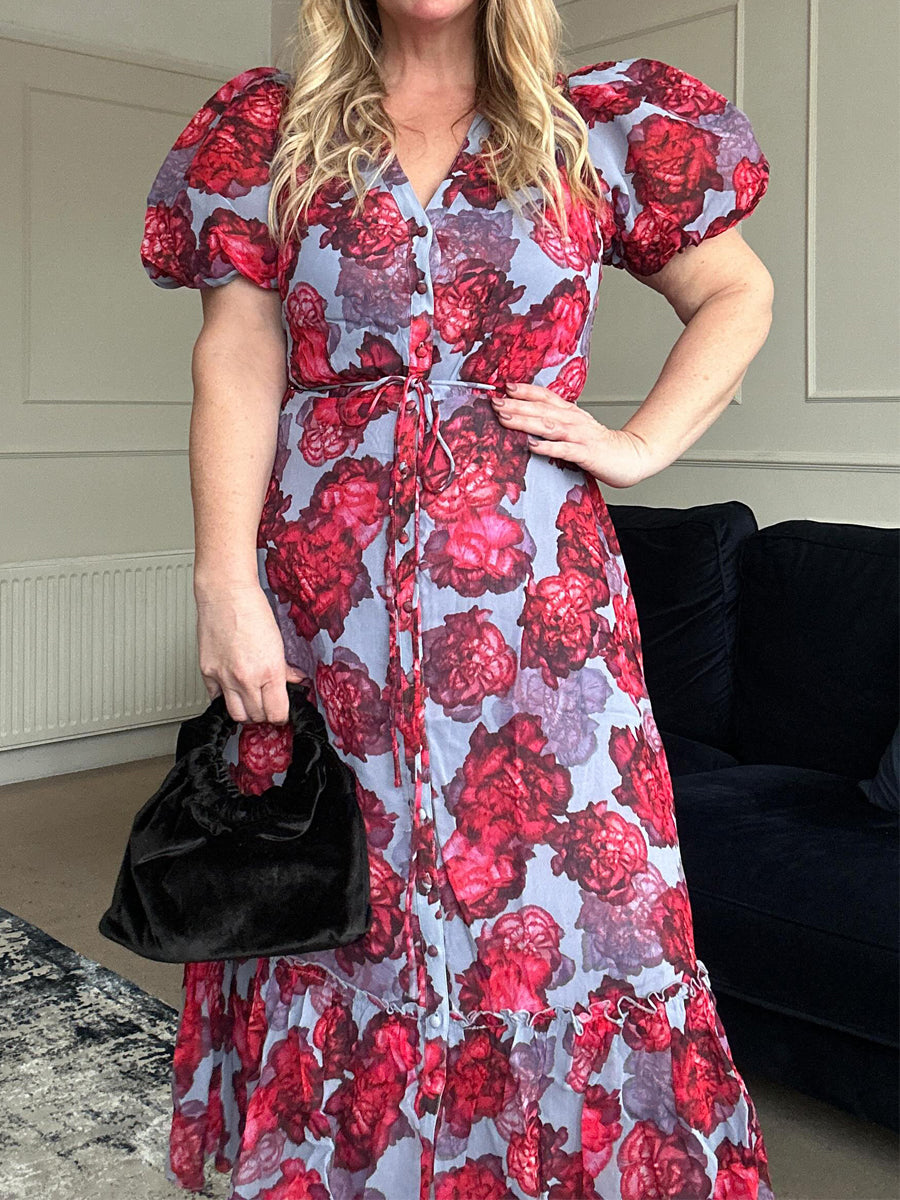 Printed Puff Sleeve Midi Dress