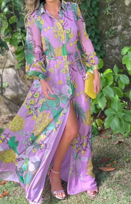 Demure Chiffon Floral Shirt Dress