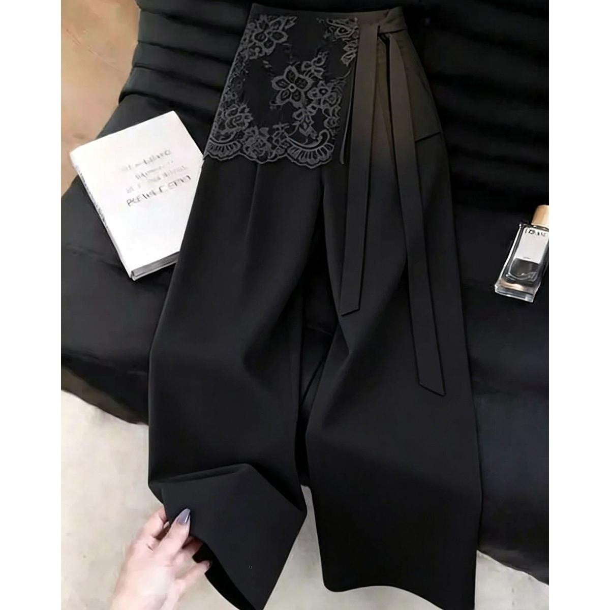 Women's False Two-Piece Lace Ribbon-Tied Pants