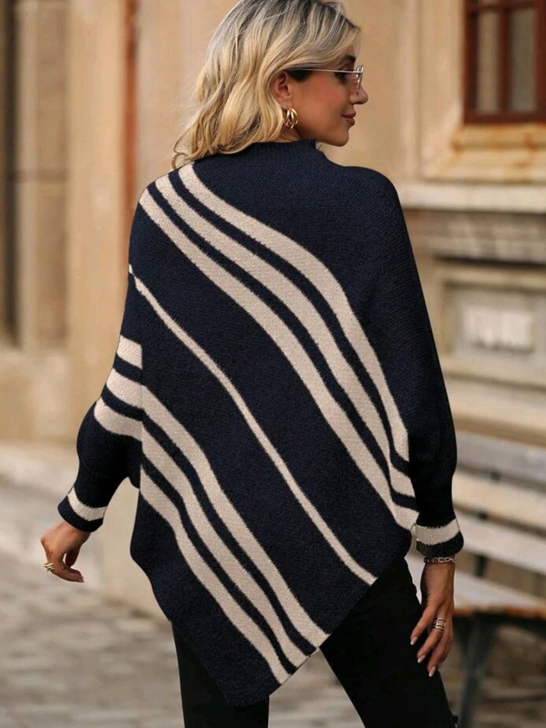 Women's half-high collar striped contrast knitted sweater