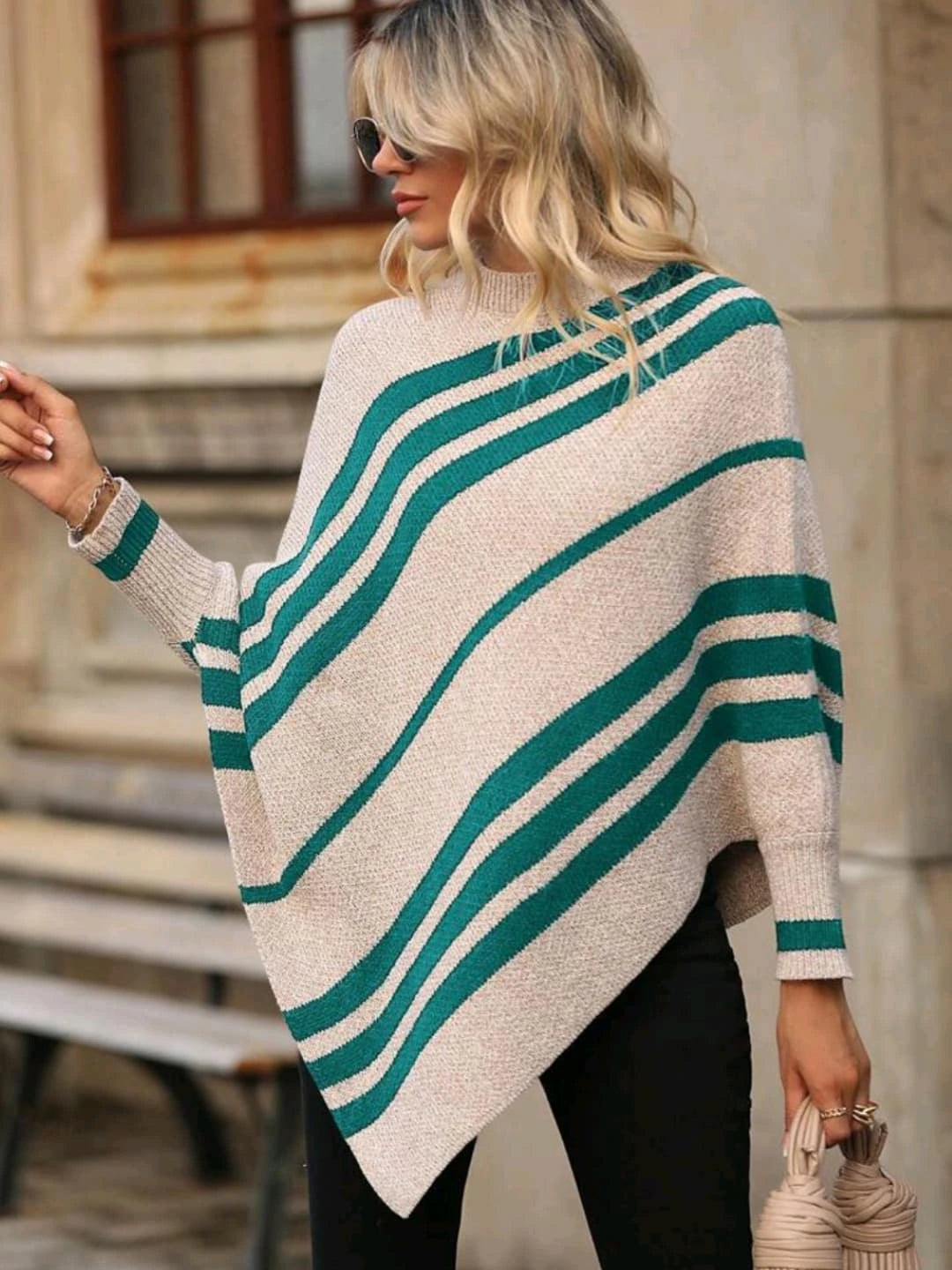 Women's half-high collar striped contrast knitted sweater