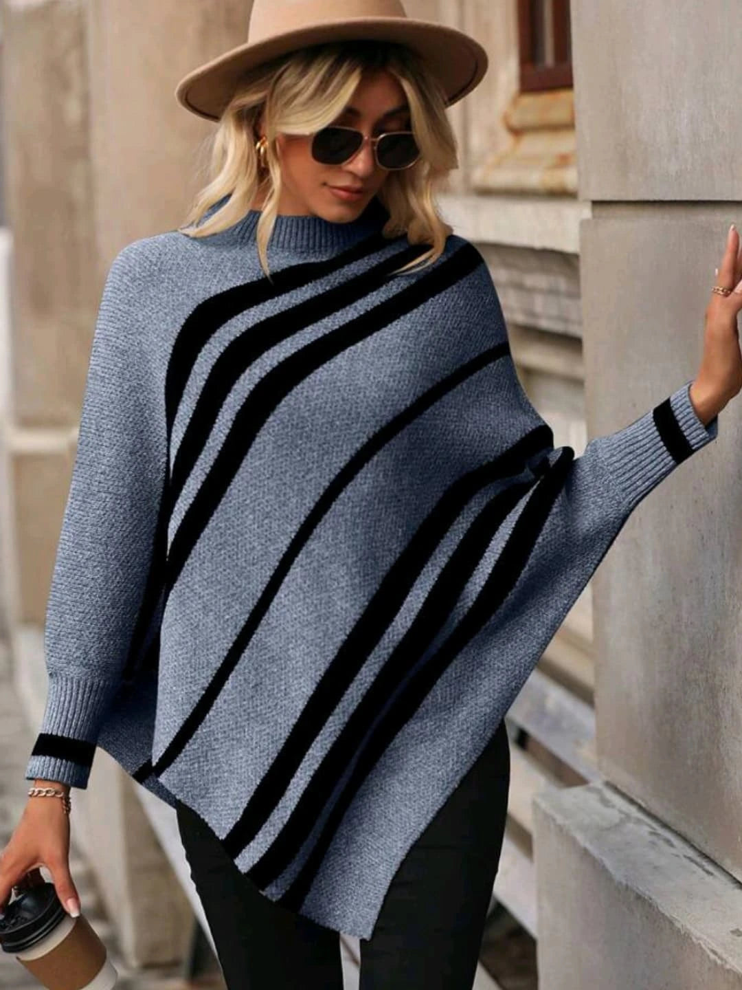 Women's half-high collar striped contrast knitted sweater