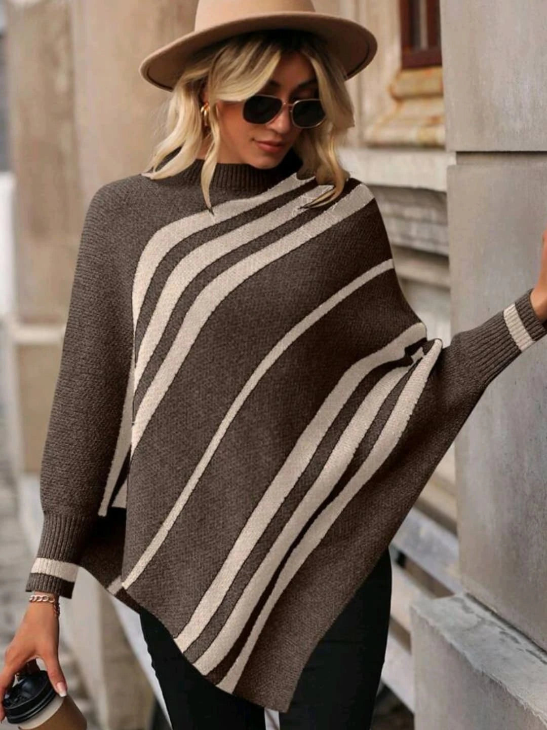 Women's half-high collar striped contrast knitted sweater