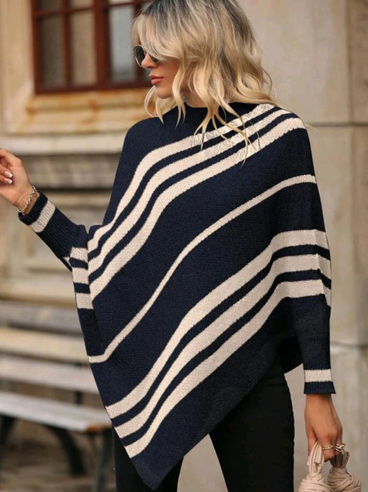 Women's half-high collar striped contrast knitted sweater