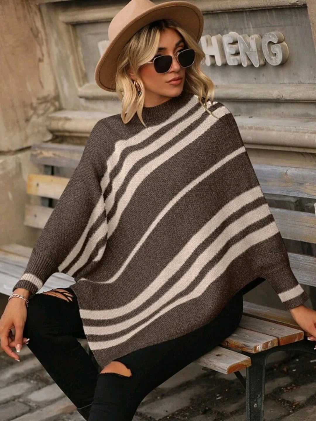 Women's half-high collar striped contrast knitted sweater