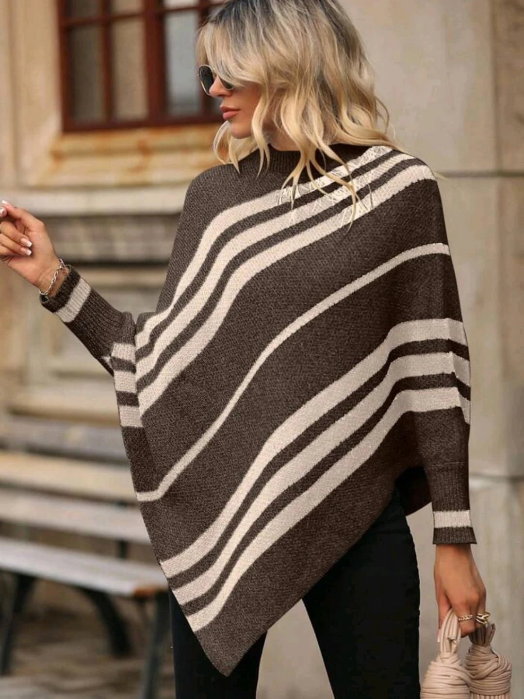 Women's half-high collar striped contrast knitted sweater