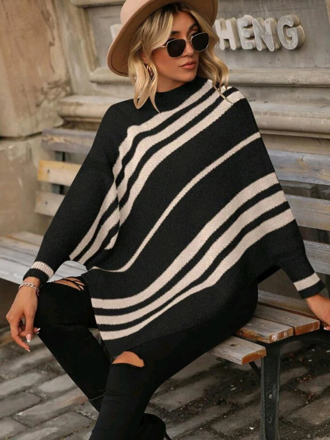Women's half-high collar striped contrast knitted sweater