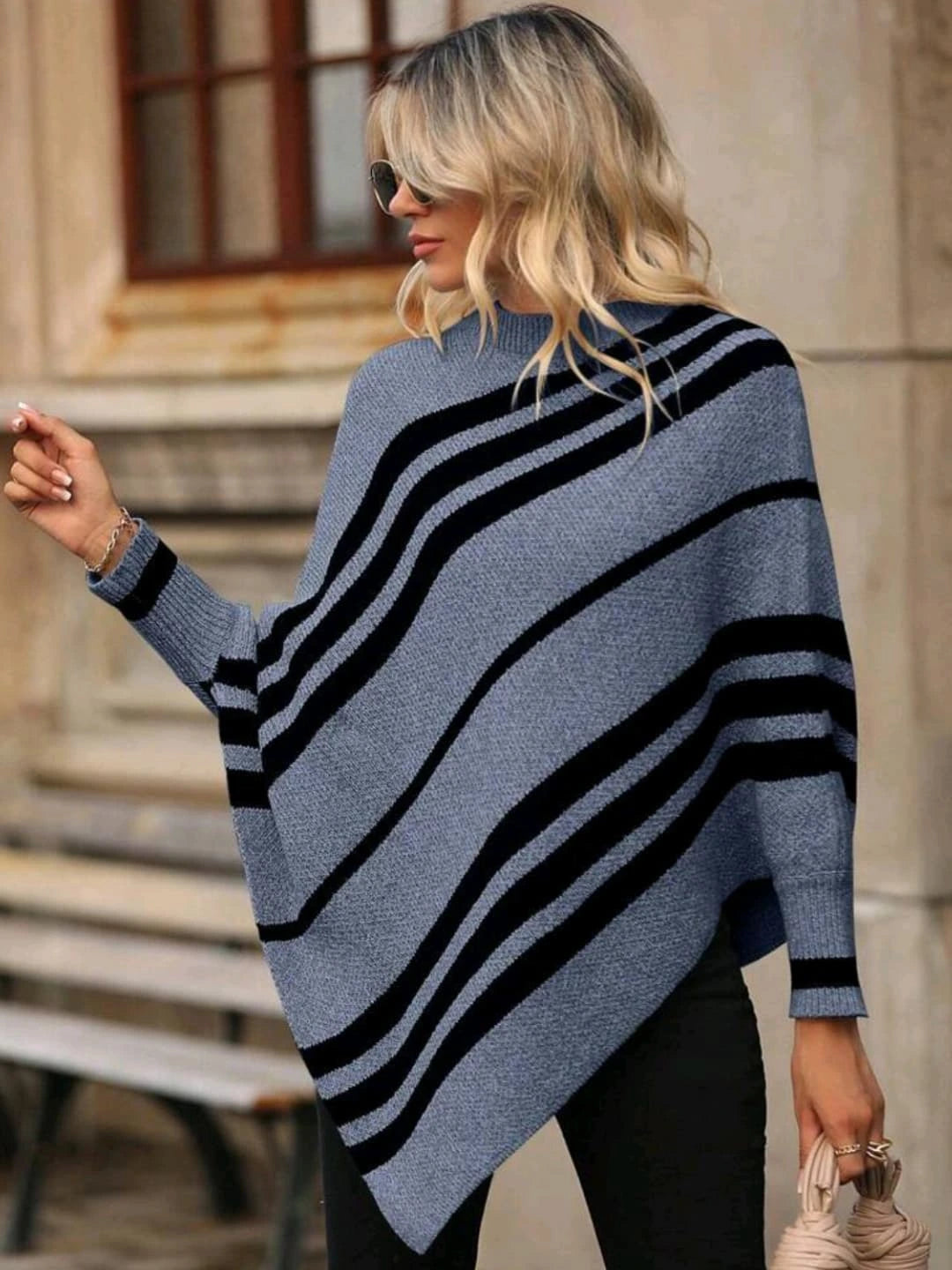 Women's half-high collar striped contrast knitted sweater