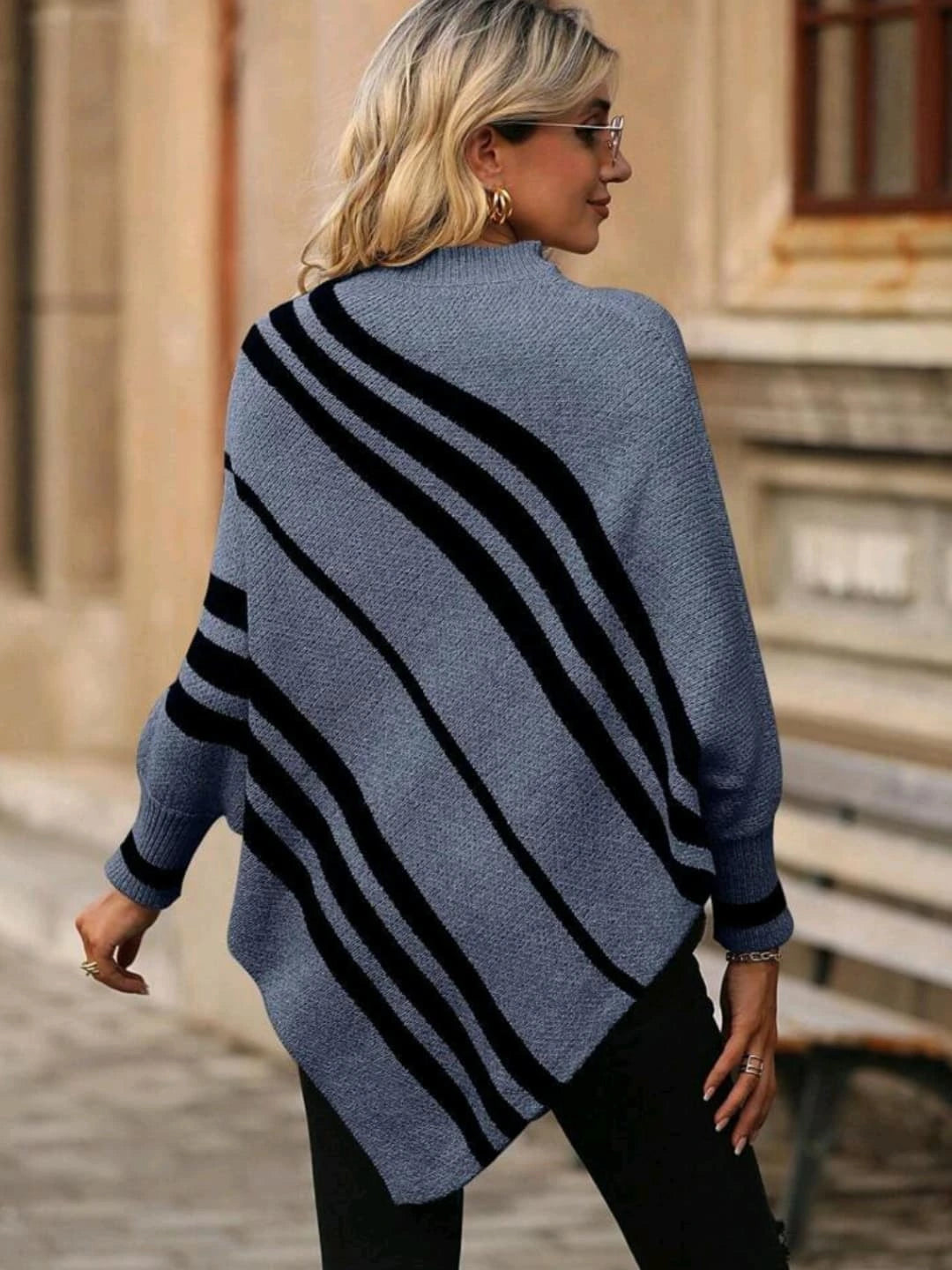 Women's half-high collar striped contrast knitted sweater