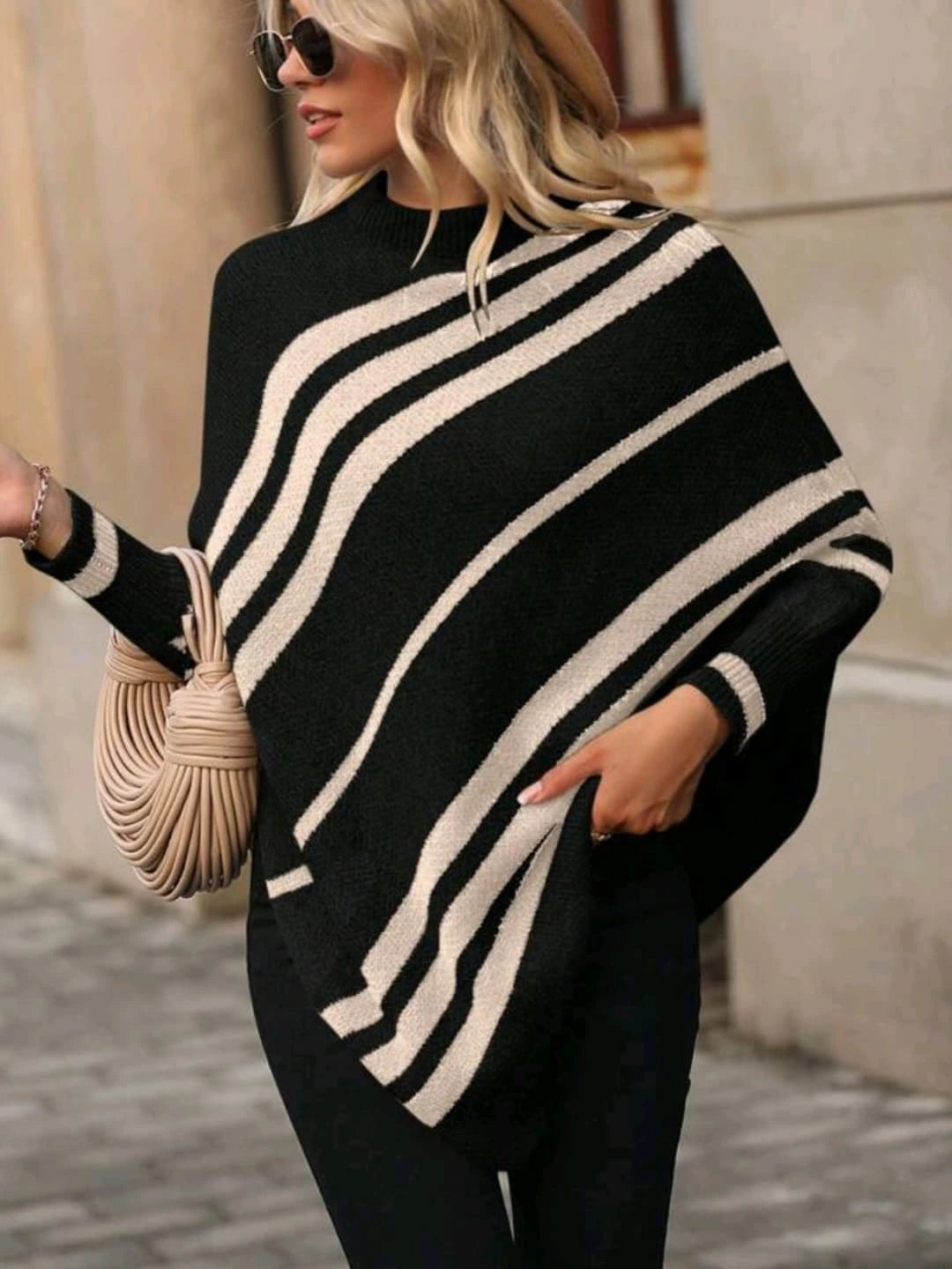 Women's half-high collar striped contrast knitted sweater