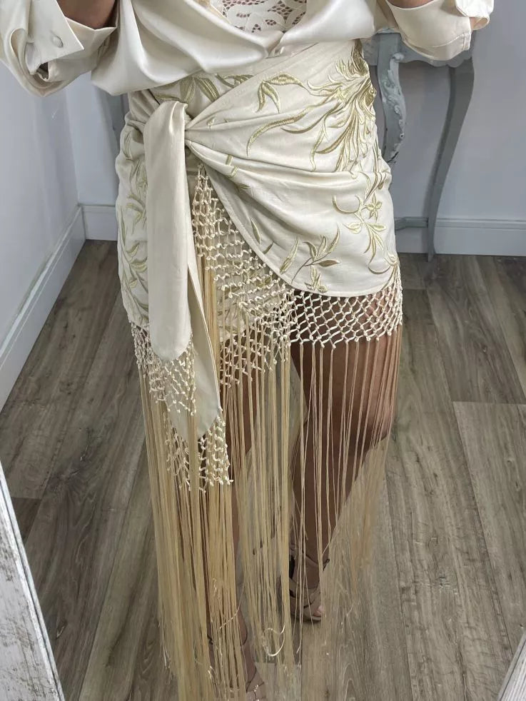 Beige Embroidered Skirts With Fringes