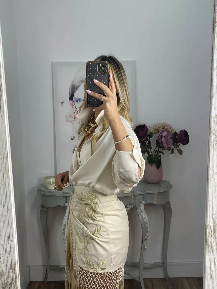 Beige Embroidered Skirts With Fringes
