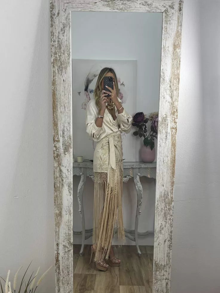 Beige Embroidered Skirts With Fringes