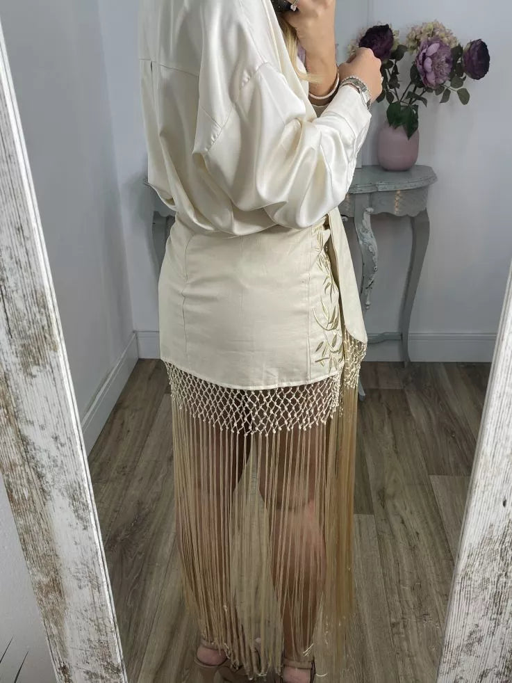 Beige Embroidered Skirts With Fringes