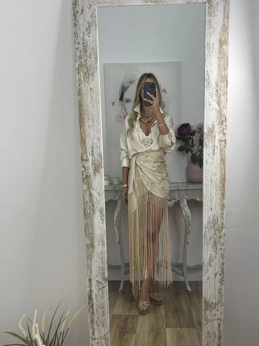 Beige Embroidered Skirts With Fringes
